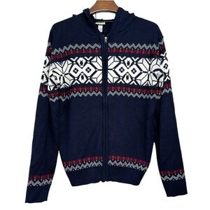 BLACK SMITH Navy‎ Blue Nordic Fair Isle Mens Hooded Sweater Full Zip NWT Large